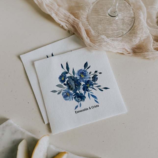 Serviette En Papier Mariage floral bleu moderne Napkin (Créateur téléchargé)