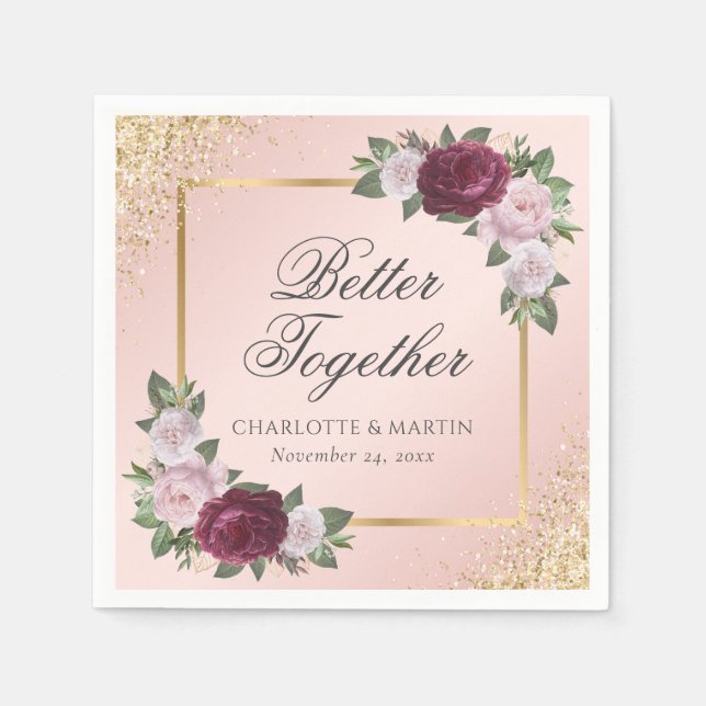 Serviette En Papier Mariage floral bleu rose or bordeaux (Devant)