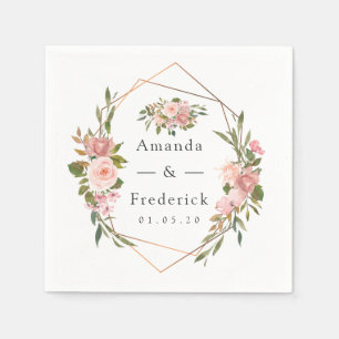Serviette En Papier Mariage Floral Blush Géométrique et Rose Gold