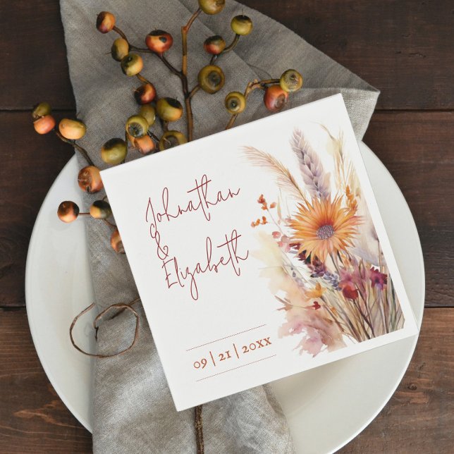 Serviette En Papier Mariage floral Boho d'automne | Blanc (Autumn Boho Floral White Wedding Napkins)