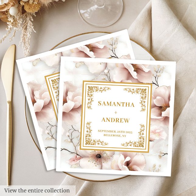 Serviette En Papier Mariage floral boho en ivoire rose pastel doux (Soft pastel pink ivory gold boho floral wedding Paper Dinner Napkins)