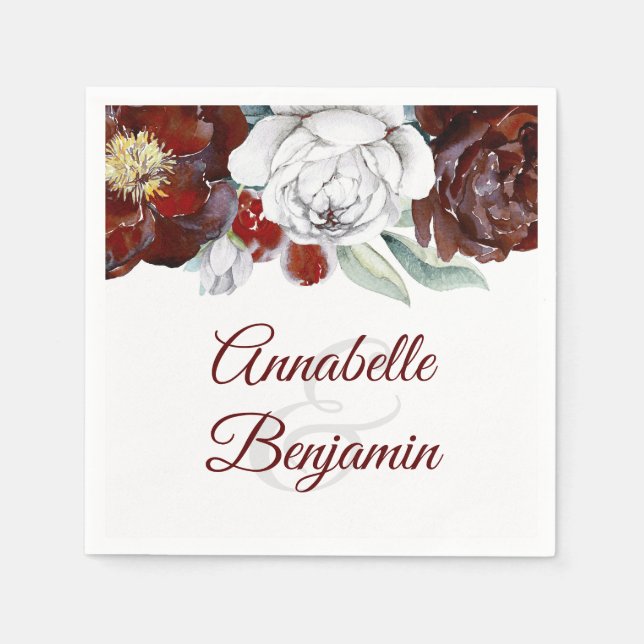 Serviette En Papier Mariage floral bordeaux et blanc (Devant)