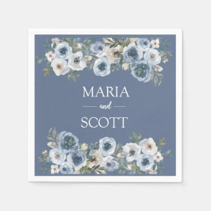 Serviette En Papier Mariage Floral Botanique Bleu Poussiéreux Et Gris 