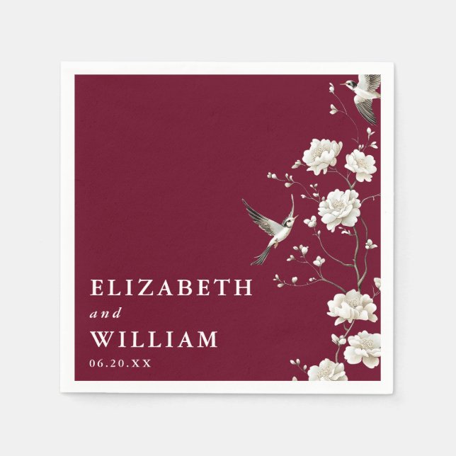 Serviette En Papier Mariage Floral Botanique Chinoiserie Bourgogne (Devant)