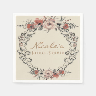 Serviette En Papier Mariage Floral Botanique Élégant Beige Vintage