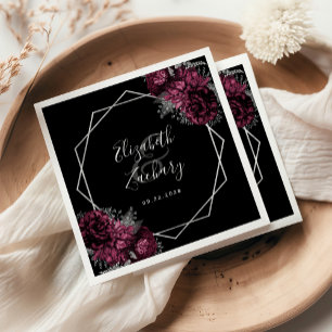 Serviette En Papier Mariage Floral Bourgogne Géométrique Argent Noir