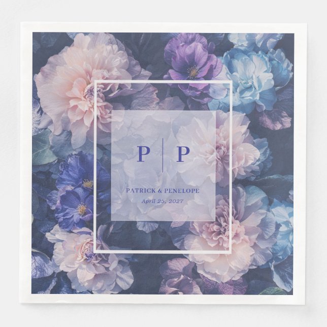 Serviette En Papier Mariage Floral Caprice Bleu Violet Pourpre (Devant)