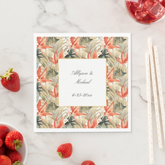 Serviette En Papier Mariage Floral d'Anthurium Orange Tropical (En situation)