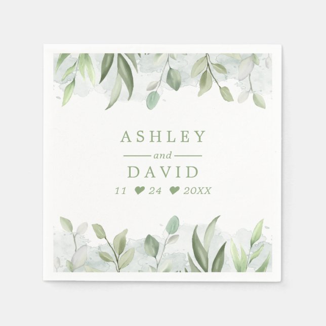 Serviette En Papier Mariage Floral de verdure aquarelle rustique (Devant)
