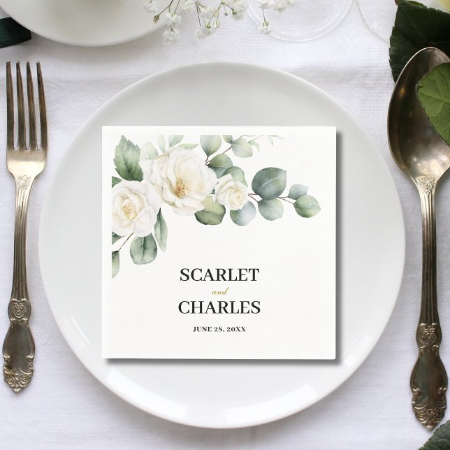 Serviette En Papier Mariage Floral de Verdure de Rose Blanche d'Eucaly (Eucalyptus white rose wedding napkins add elegant charm to every place setting.)