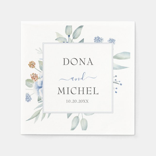 Serviette En Papier Mariage Floral d'hiver bleu rustique (Devant)