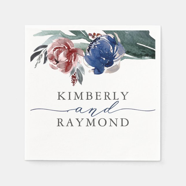 Serviette En Papier Mariage floral élégant bleu marine et bordeaux (Devant)