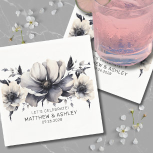 Serviette En Papier Mariage Floral Élégant Moderne Noir Blanc