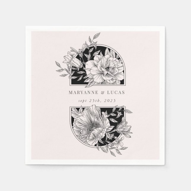 Serviette En Papier Mariage floral élégant noir et blanc (Devant)
