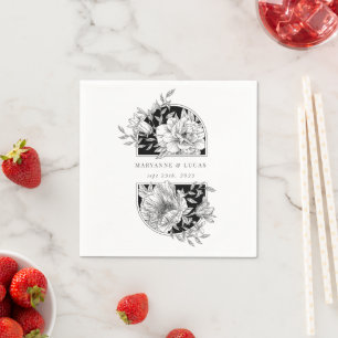 Serviette En Papier Mariage floral élégant noir et blanc