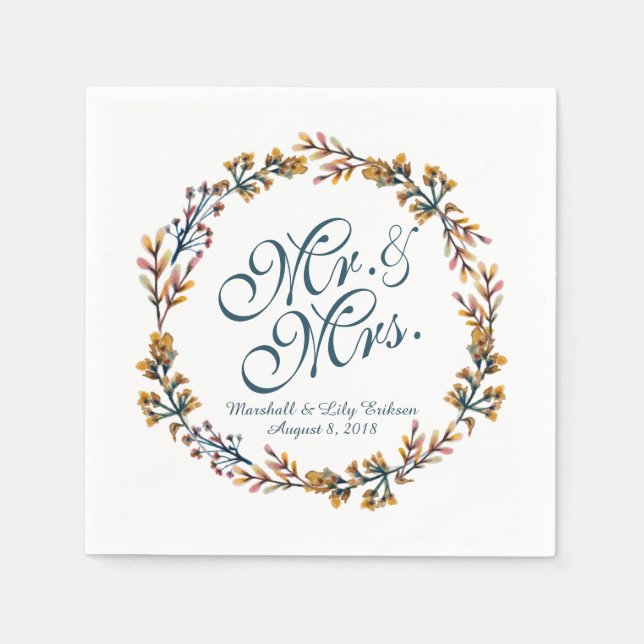 Serviette En Papier Mariage floral élégant personnalisé | Napkin (Devant)