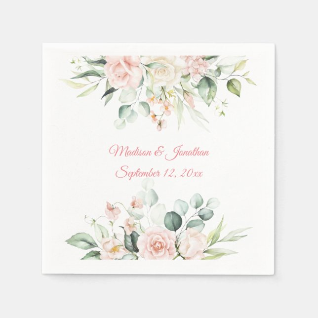 Serviette En Papier Mariage Floral Elegant Rose Chic Date Nom du scrip (Devant)
