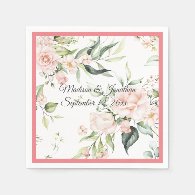 Serviette En Papier Mariage Floral Élégant Rose Chic Girl Script Nom (Devant)