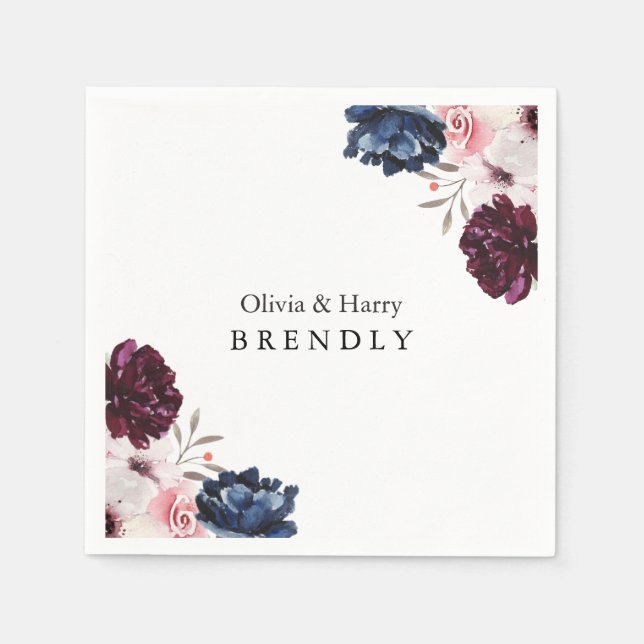 Serviette En Papier Mariage Floral Élégant Rouge Bourguignon (Devant)