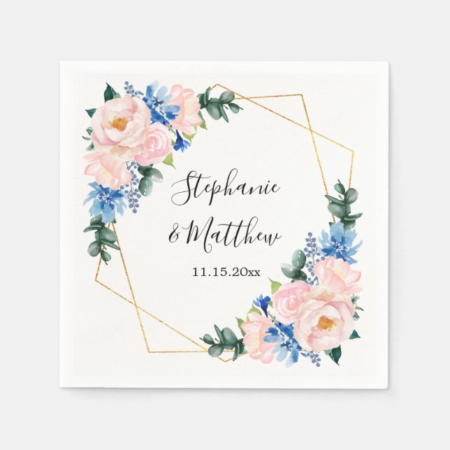 Serviette En Papier Mariage floral géométrique bleu foncé rose (Devant)