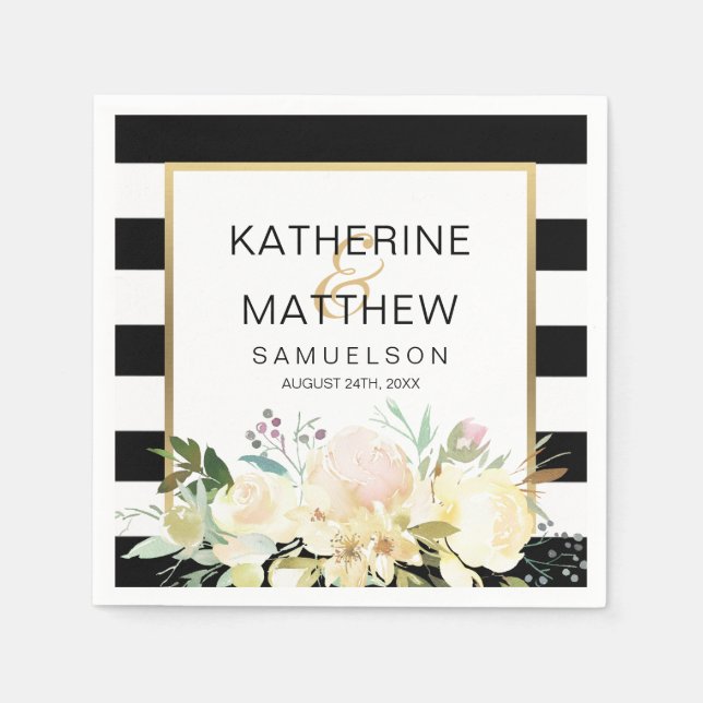 Serviette En Papier Mariage Floral Gold Black White (Devant)