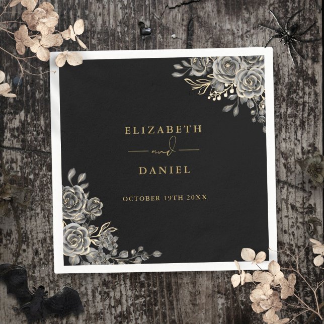 Serviette En Papier Mariage floral gothique noir et or Roses (Gothic Black And Gold Roses Floral Wedding Napkins)