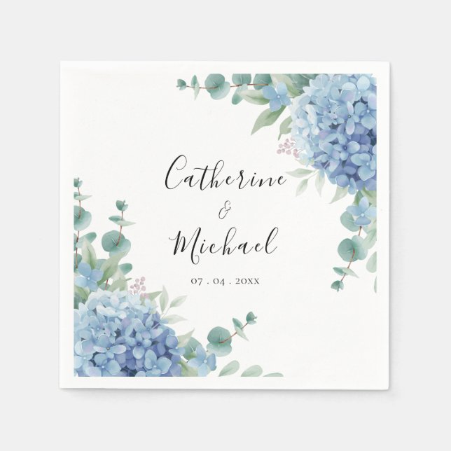 Serviette En Papier Mariage Floral Hydrangea Bleue  (Devant)