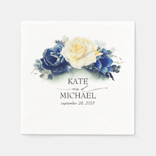 Serviette En Papier Mariage floral jaune et bleu marine