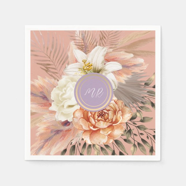 Serviette En Papier Mariage floral lilas pêche (Devant)