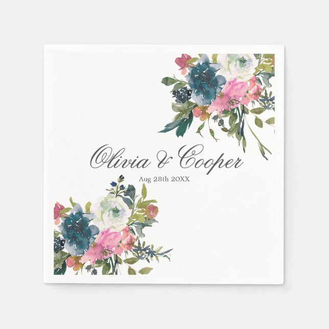 Serviette En Papier Mariage floral marine et rose (Devant)