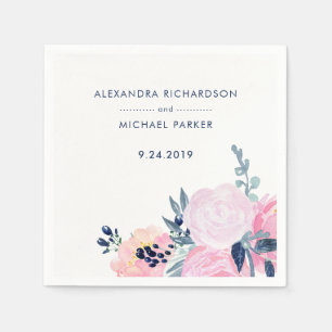 Serviette En Papier Mariage floral moderne Blush et Navy