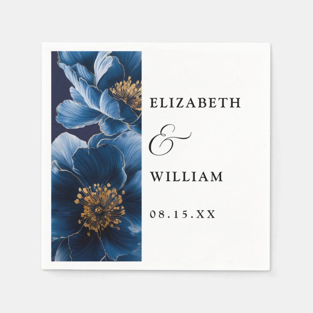 Serviette En Papier Mariage floral moderne élégant bleu marine (Devant)