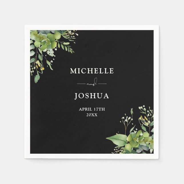 Serviette En Papier Mariage Floral Moderne Noir Et Blanc (Devant)