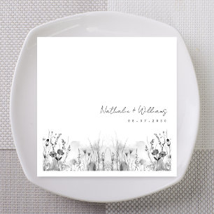 Serviette En Papier Mariage Floral Noir & Blanc Vintage