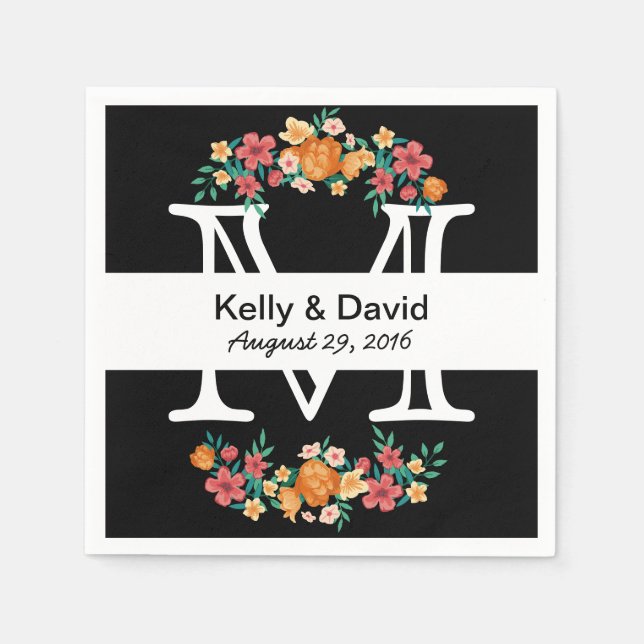 Serviette En Papier Mariage Floral noir et blanc Monogramme (Devant)