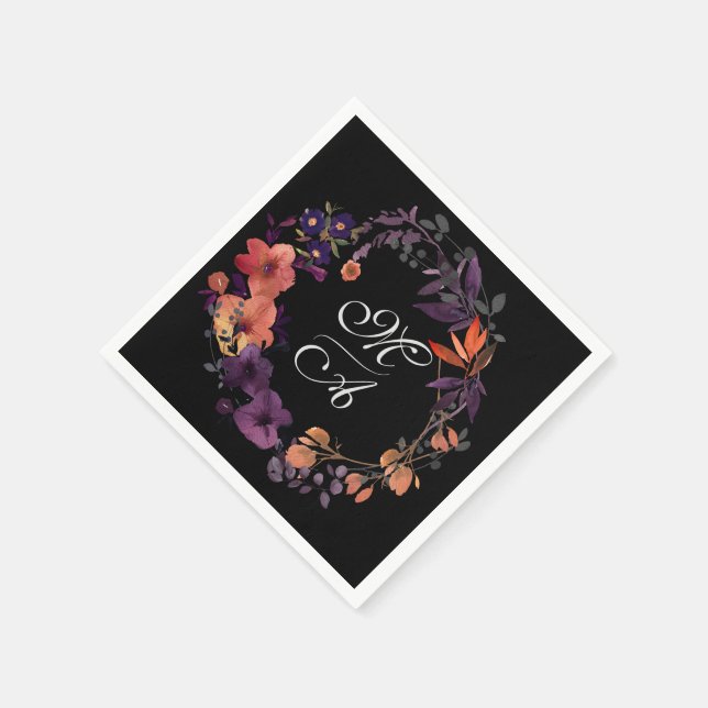 Serviette En Papier Mariage floral noir et violet élégant Favoriser (Coin)
