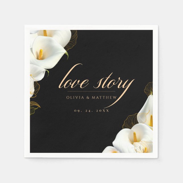 Serviette En Papier Mariage Floral Noir Moderne (Devant)