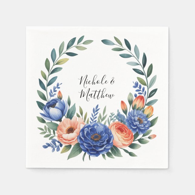 Serviette En Papier Mariage Floral Orange et Bleu Cobalt (Devant)