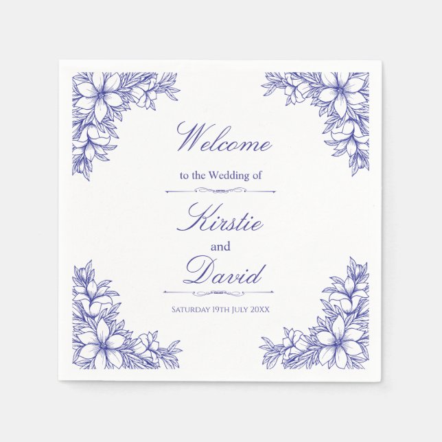 Serviette En Papier Mariage Floral Orné Bleu (Devant)