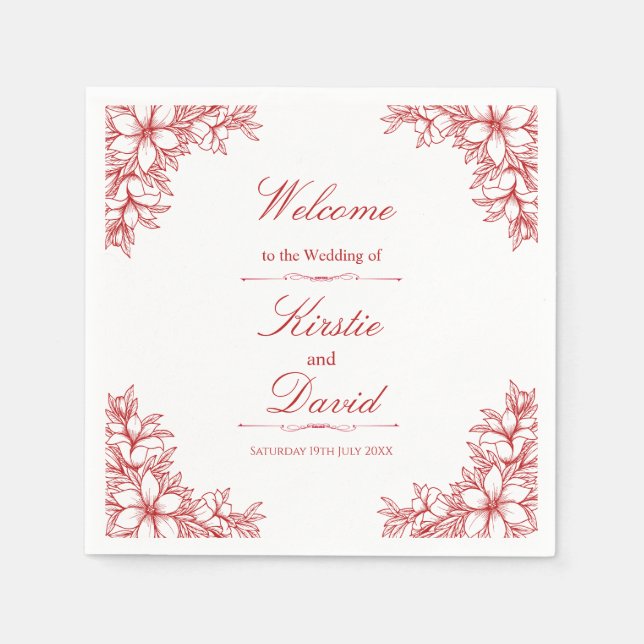 Serviette En Papier Mariage Floral Orné Rouge (Devant)