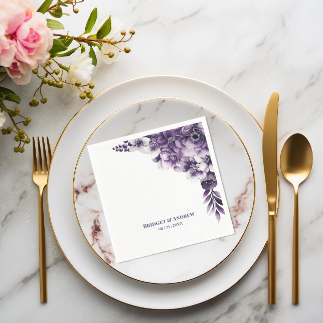 Serviette En Papier Mariage Floral Pourpre Rustique (Créateur téléchargé)