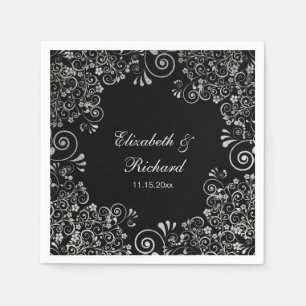 Serviette En Papier Mariage Floral réception argent et noir