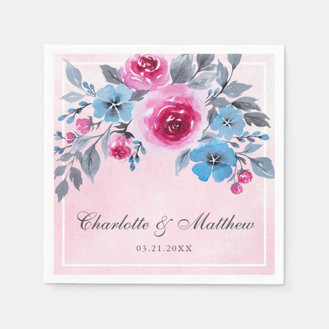 Serviette En Papier Mariage Floral Romantique Rose Et Bleu Aquarelle (Devant)