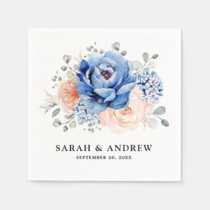 Serviette En Papier Mariage floral rose bleu marine