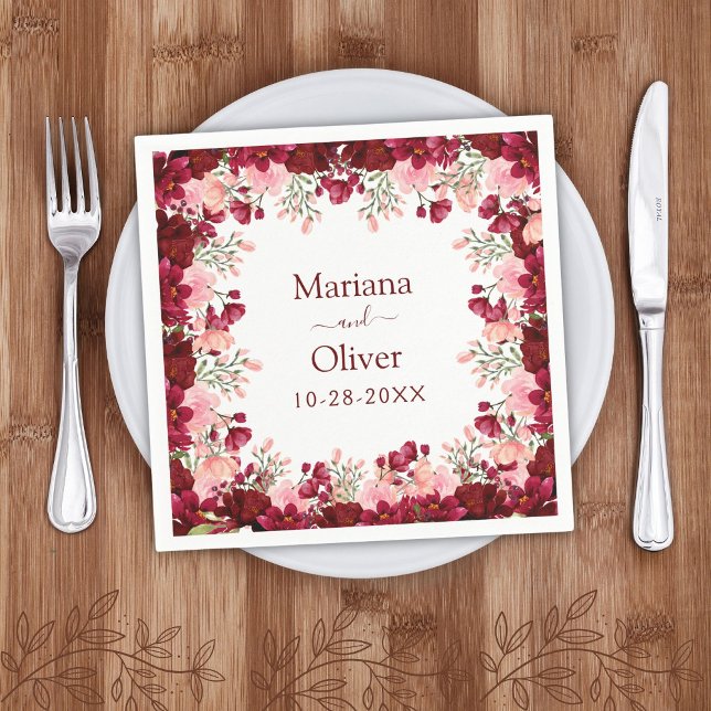 Serviette En Papier Mariage Floral Rose Bourgogne (Créateur téléchargé)