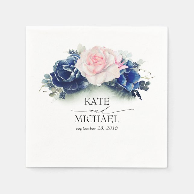 Serviette En Papier Mariage floral rose et bleu marine (Devant)