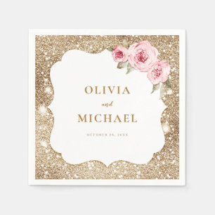 Serviette En Papier Mariage floral rose et paillettes or scintillant
