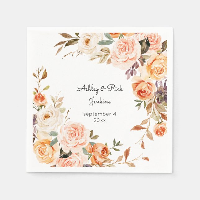Serviette En Papier Mariage floral rose et rose pâle (Devant)