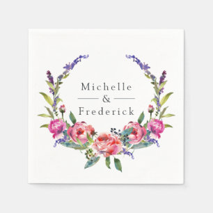 Serviette En Papier Mariage floral rose et violet à l'aquarelle