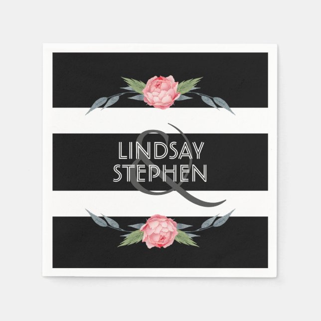 Serviette En Papier Mariage floral rose noir et blanc élégant (Devant)